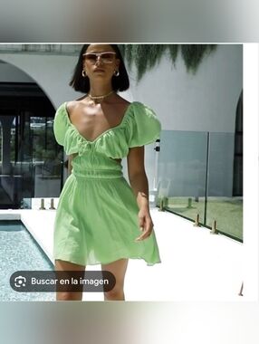 Puff-Sleeve Mini Dress in Light Green